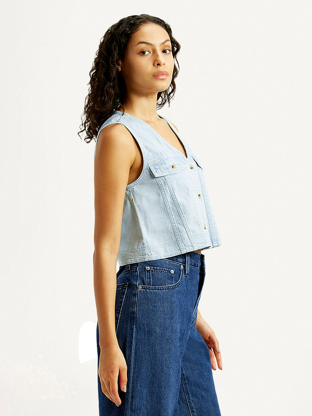 Women's Solid Light Indigo V-Neck Denim Top - Side View