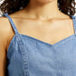 Women's Solid Indigo Sweet Heart Neck Denim Top - Detail View