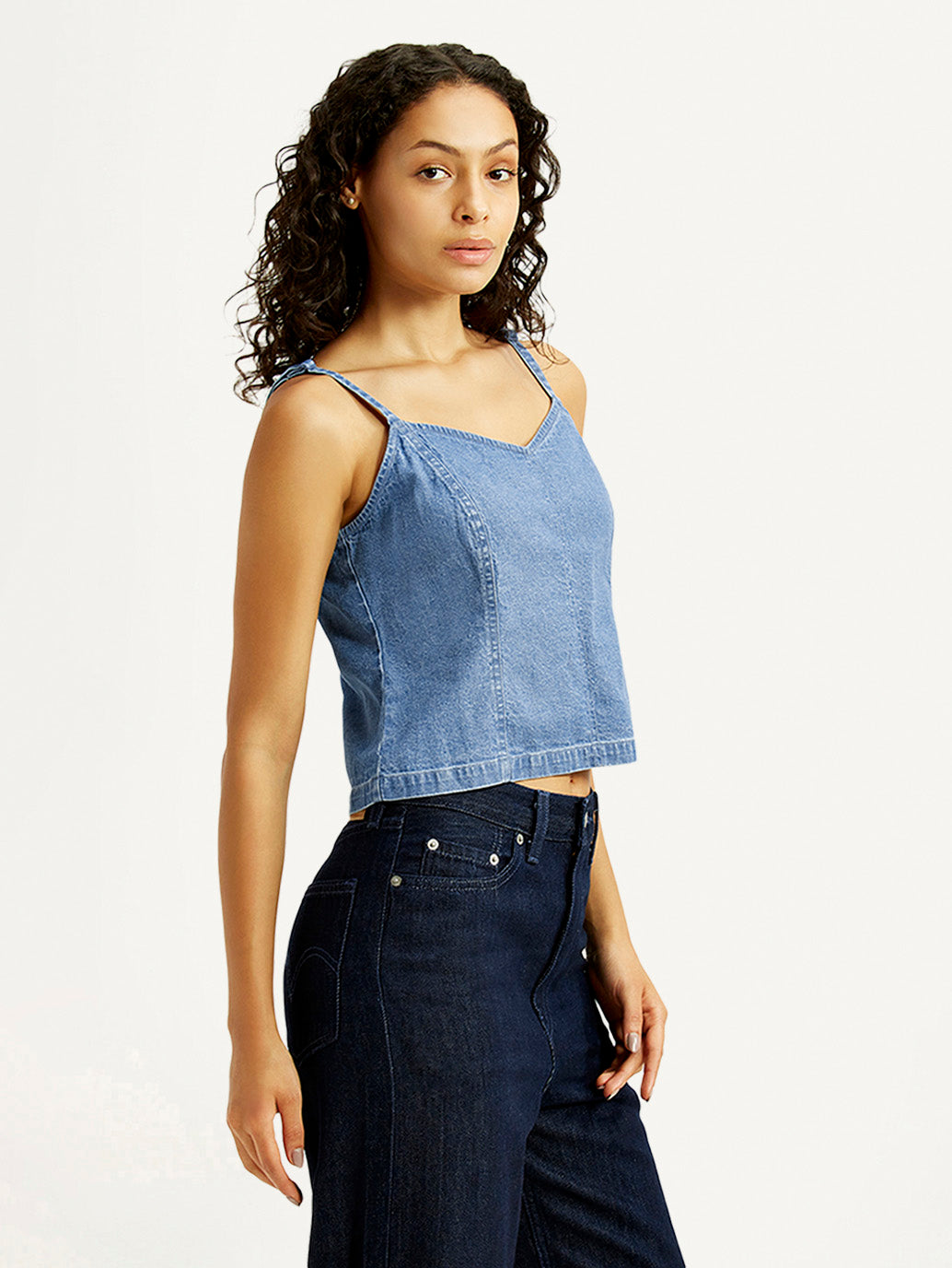 Women's Solid Indigo Sweet Heart Neck Denim Top - Side View