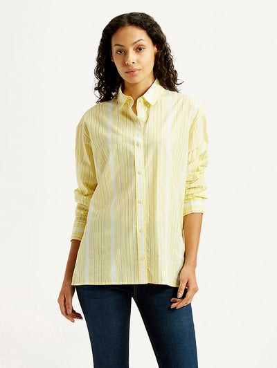 Women's Striped Yellow Relaxed Fit Poplin Shirt-image-30