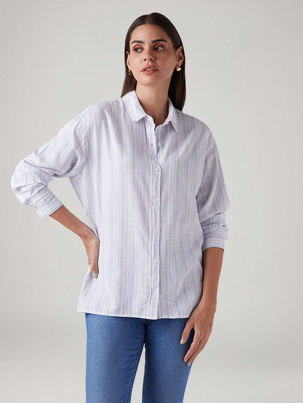 Women's Striped Relaxed Fit Poplin Shirt - Styleshot View