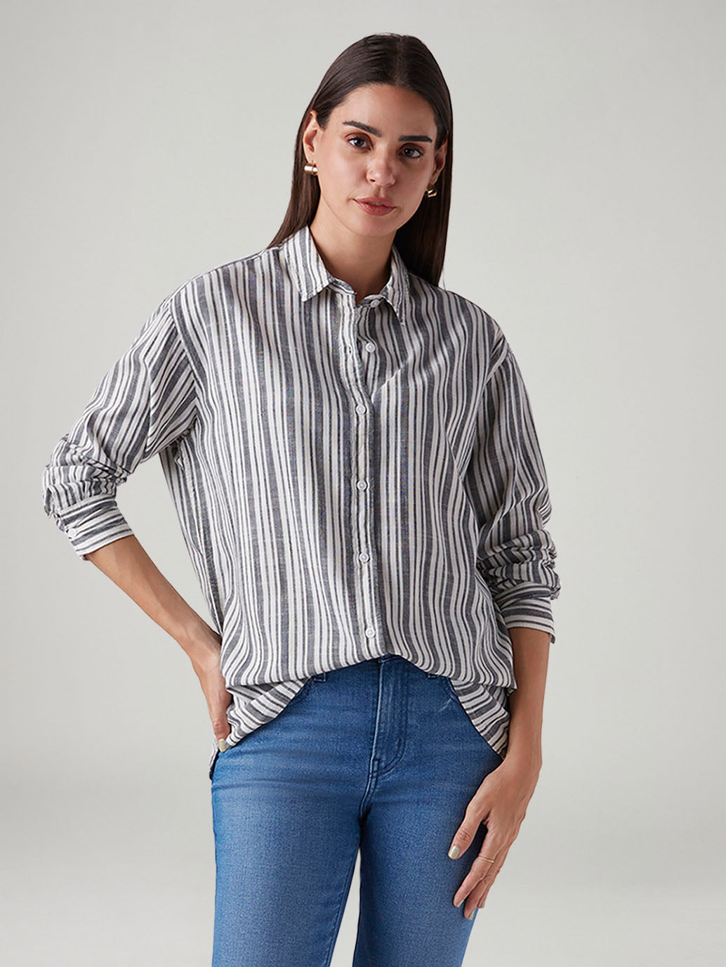 Women's Striped Relaxed Fit Poplin Shirt - Styleshot View