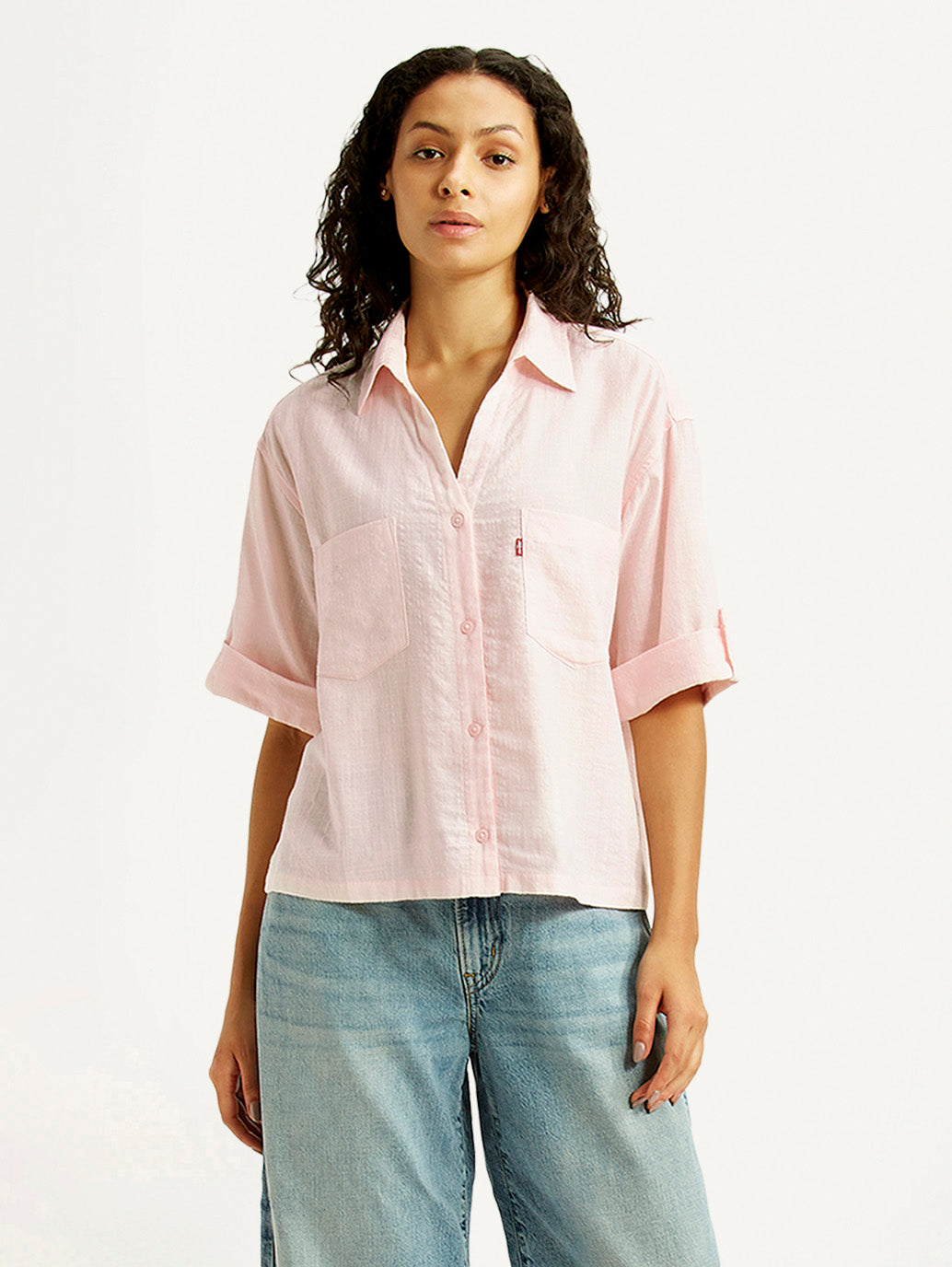 Women's Textured Light Pink Spread Collar Shirt