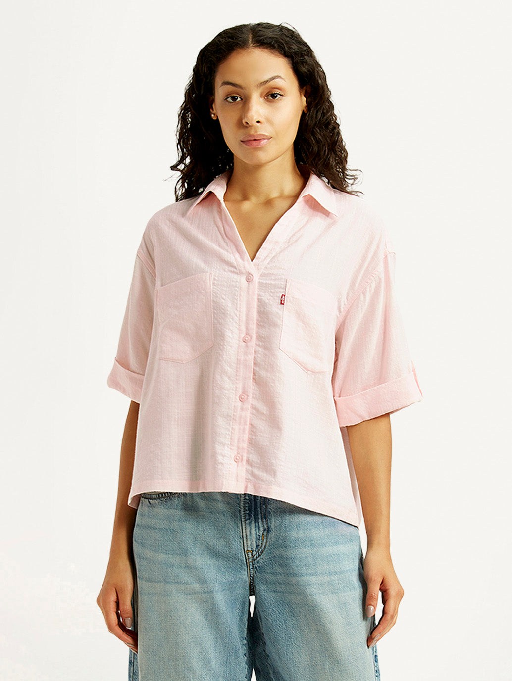 Women's Textured Light Pink Spread Collar Shirt - Front View