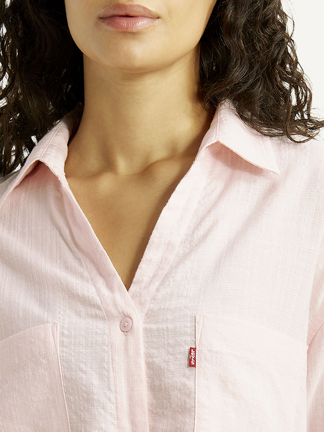 Women's Textured Light Pink Spread Collar Shirt - Detail View