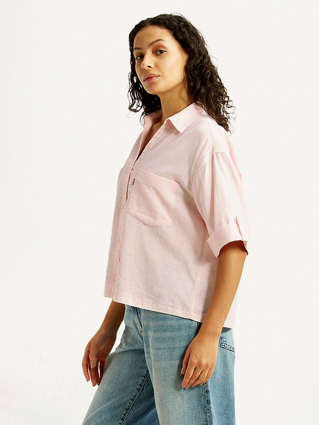 Women's Textured Light Pink Spread Collar Shirt - Side View