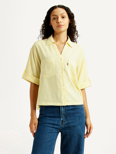 Women's Textured Yellow Spread Collar Shirt-image-10