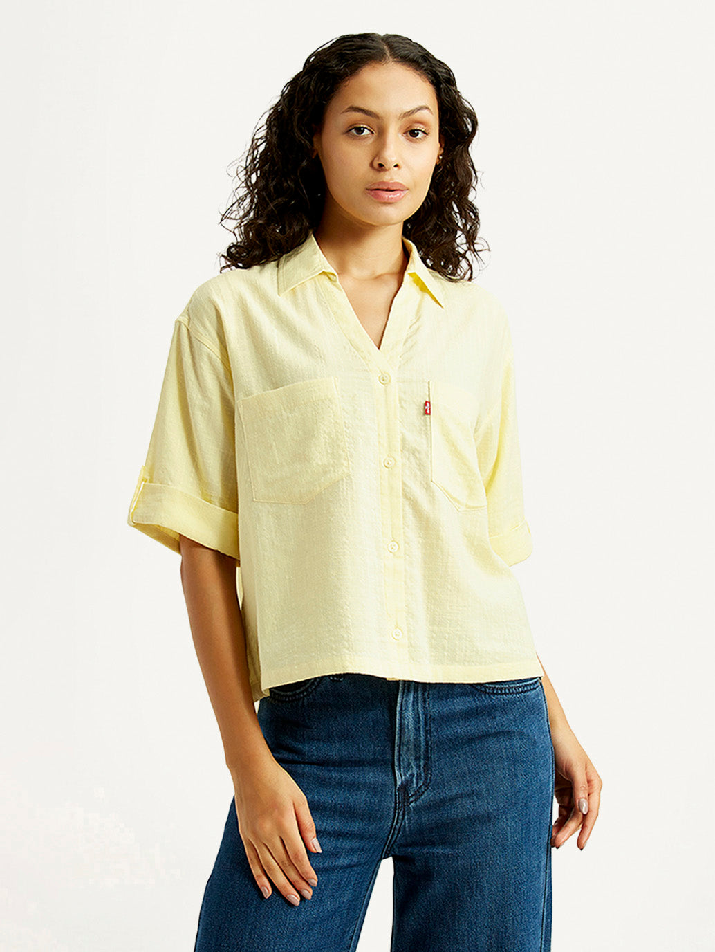 Women's Textured Yellow Spread Collar Shirt - Front View