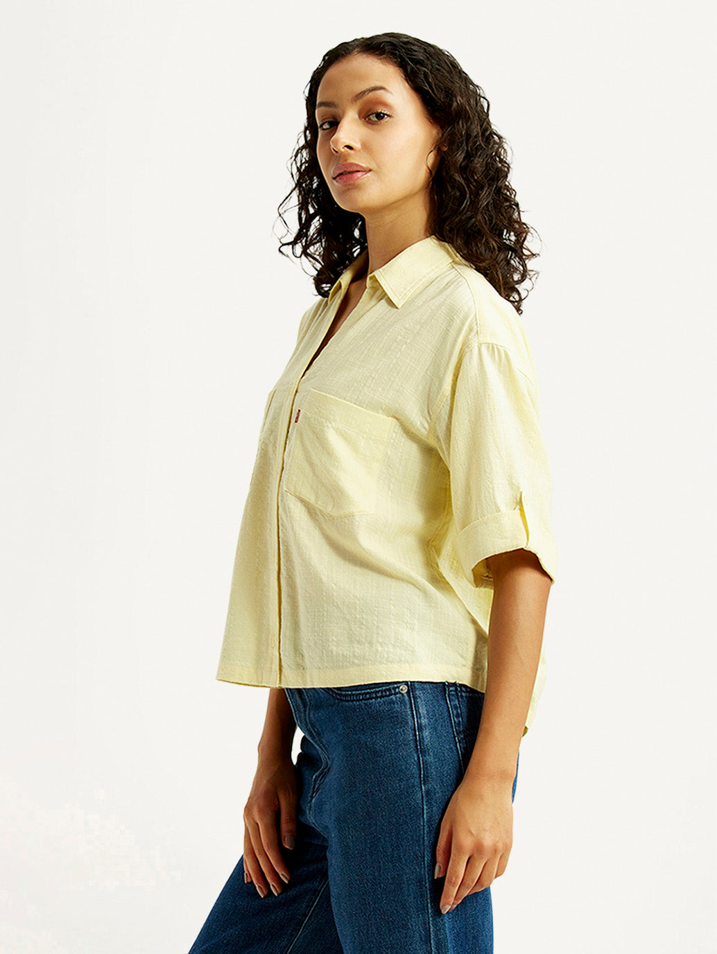 Women's Textured Yellow Spread Collar Shirt - Side View