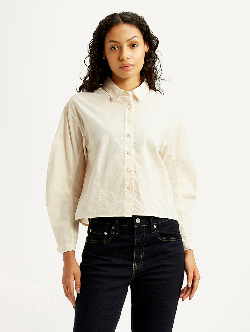 Women's Solid Cream Relaxed Fit Poplin Shirt - Styleshot View