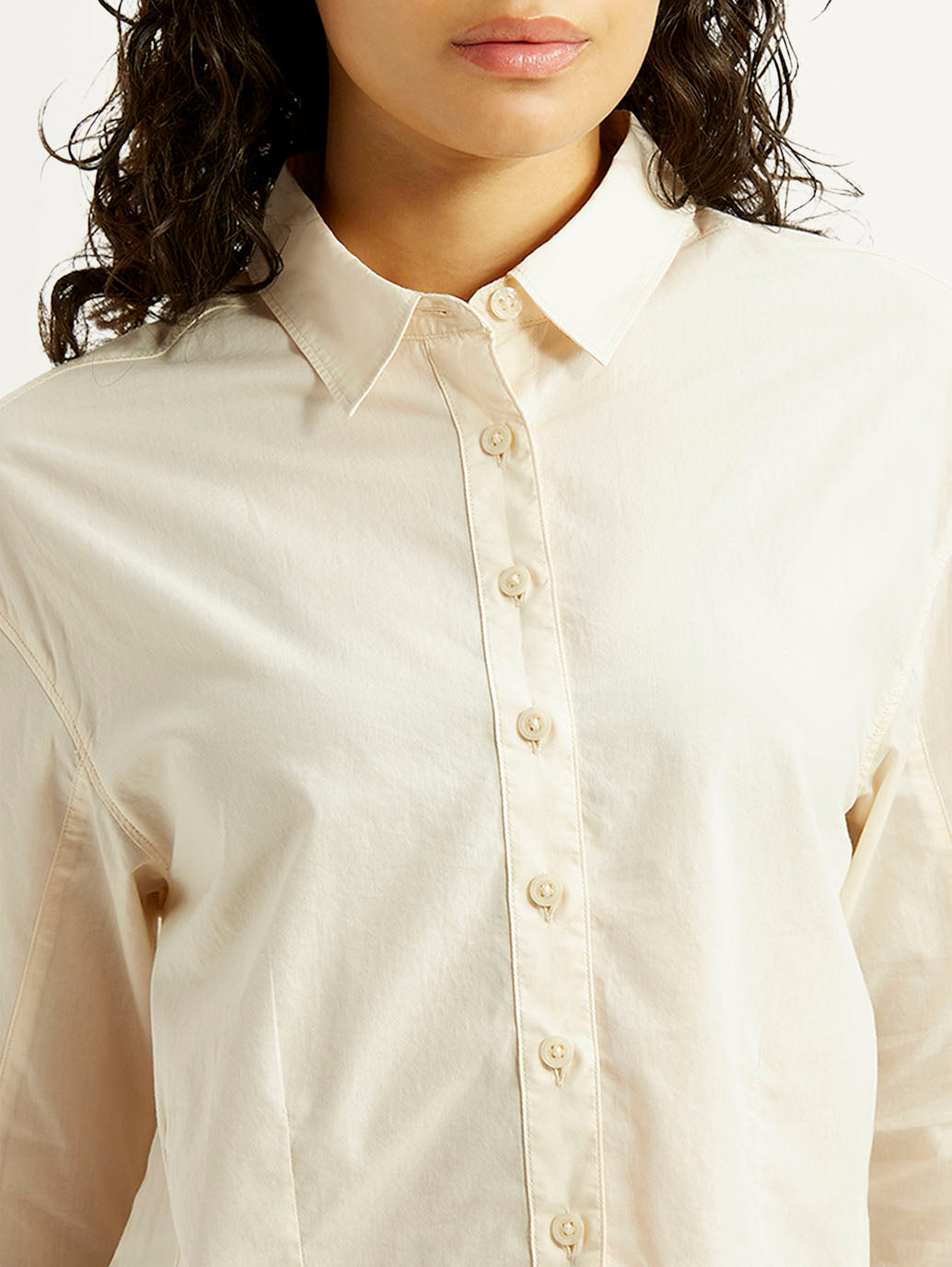 Women's Solid Cream Relaxed Fit Poplin Shirt - Detail View