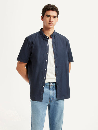 Men's Solid Navy Slim Fit Poplin Shirt-image-39