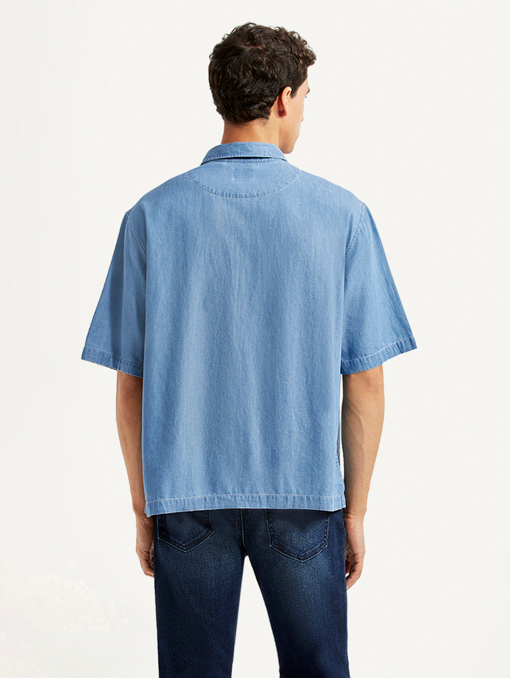 Men's Solid Light Blue Boxy Shirt - Back View