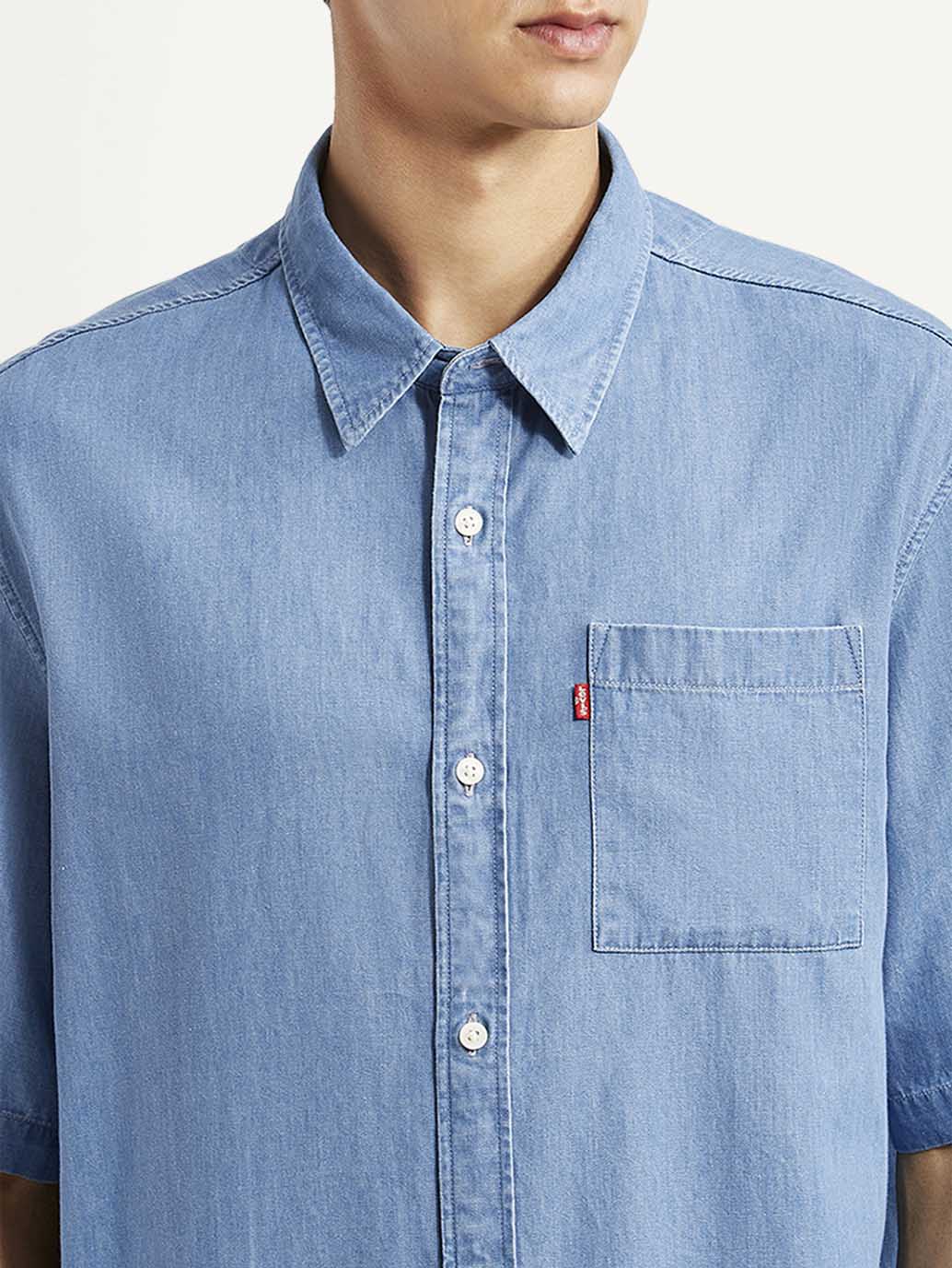 Men's Solid Light Blue Boxy Shirt - Detail View