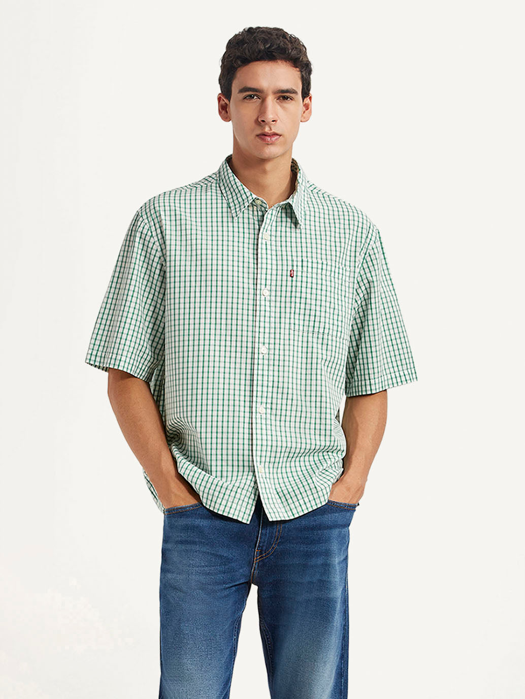 Men's Checkered Green Boxy Shirt - Styleshot View