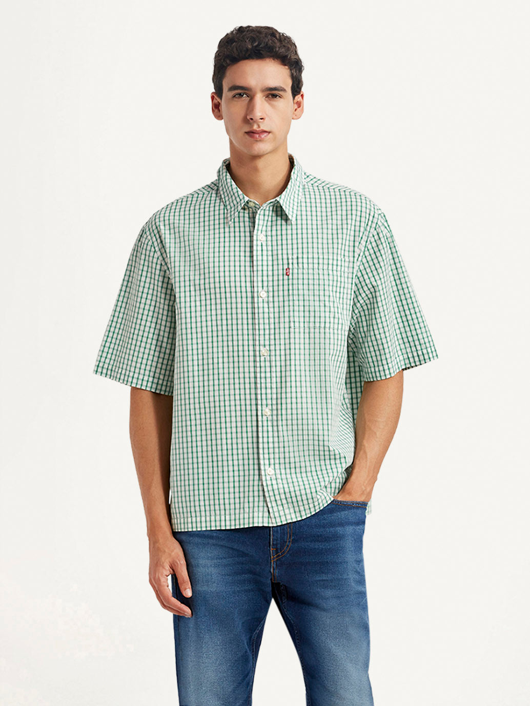 Men's Checkered Green Boxy Shirt - Front View