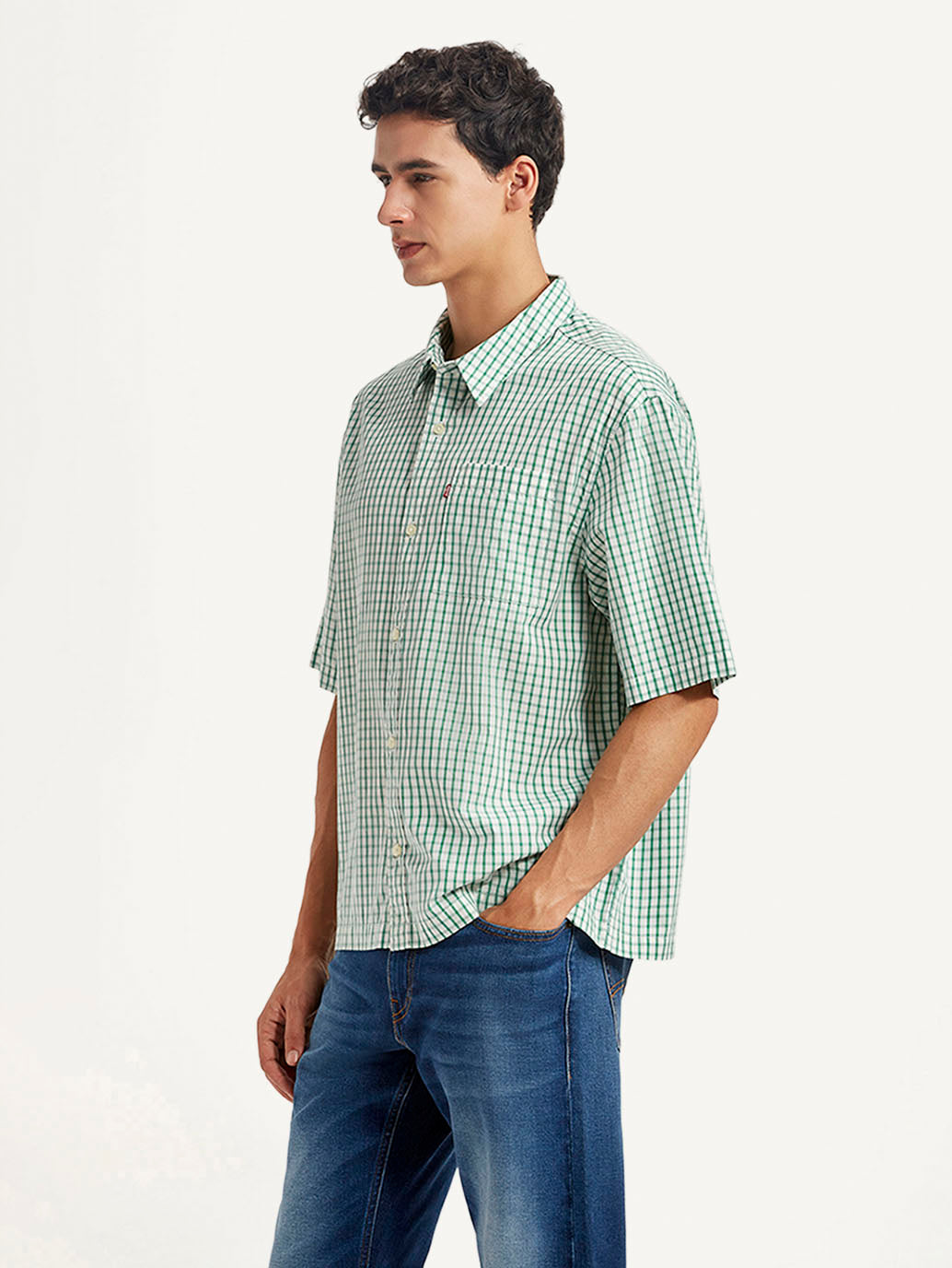 Men's Checkered Green Boxy Fit Poplin Shirt - Side View