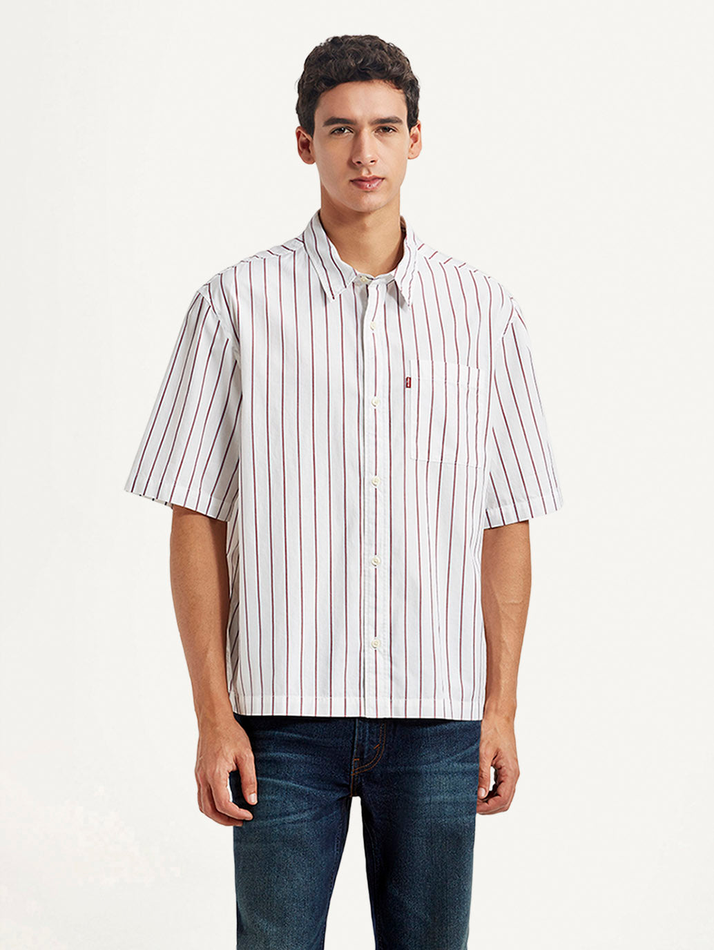 Men's Striped White Boxy Fit Poplin Shirt - Front View