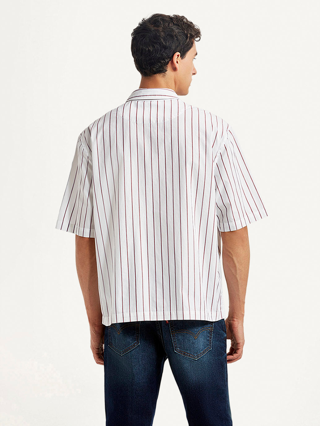 Men's Striped White Boxy Fit Poplin Shirt - Back View