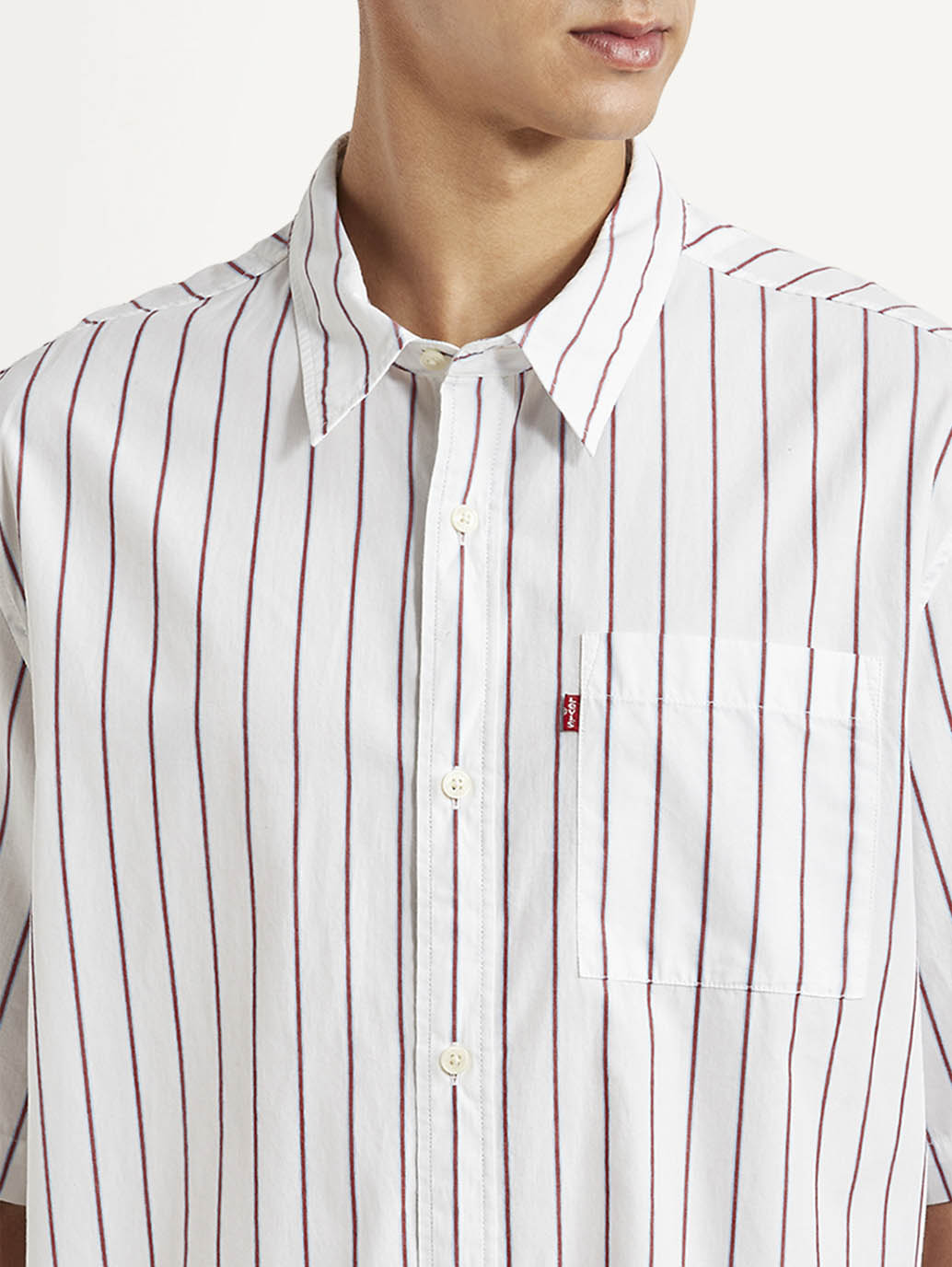 Men's Striped White Boxy Fit Poplin Shirt - Detail View