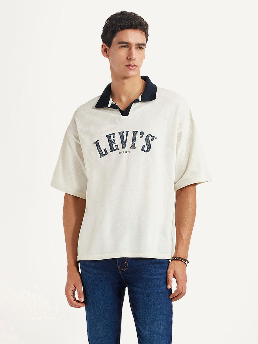 Men's Brand Logo Off-White Loose Fit Polo T-shirt