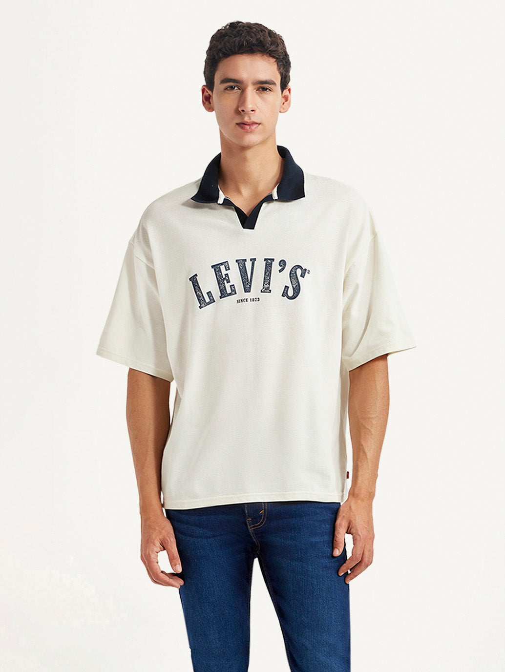 Men's Brand Logo Off-White Loose Fit Polo T-shirt - Front View