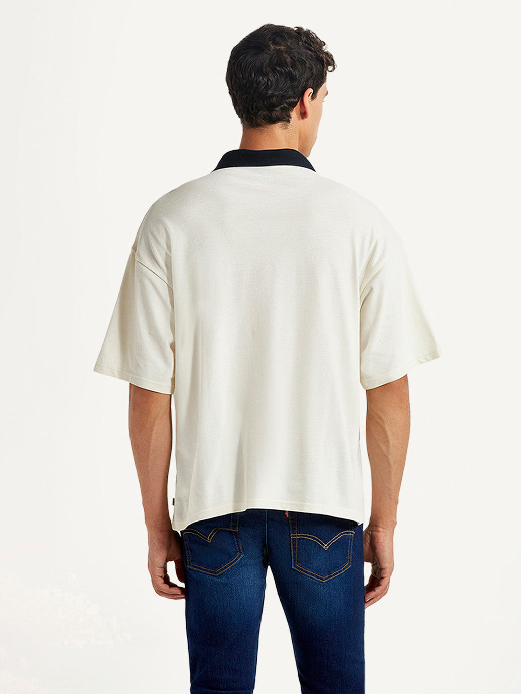 Men's Brand Logo Off-White Loose Fit Polo T-shirt - Back View