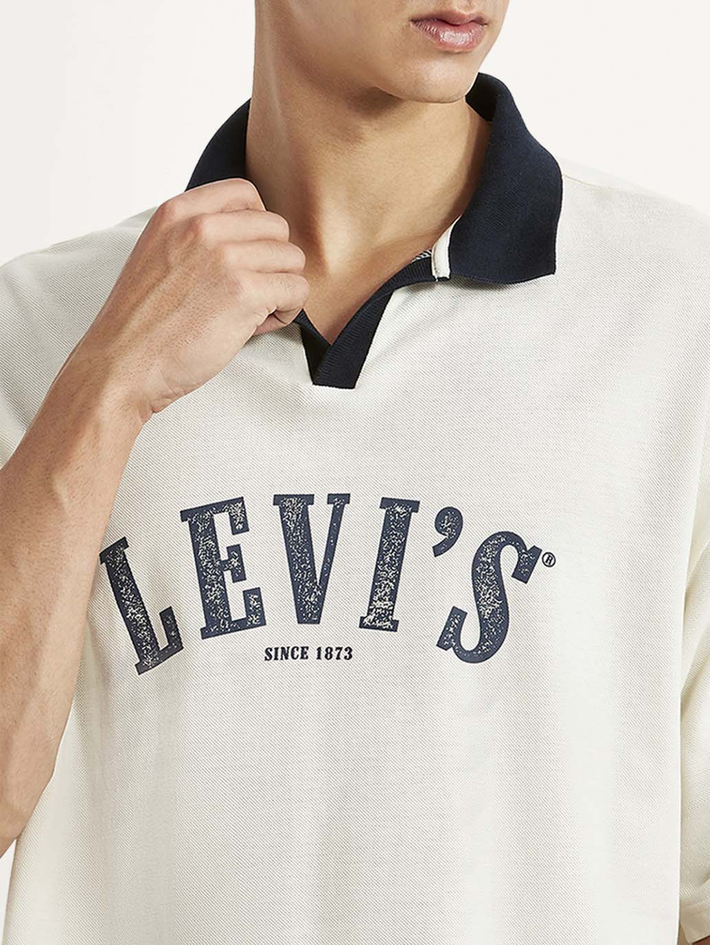 Men's Brand Logo Off-White Loose Fit Polo T-shirt - Detail View