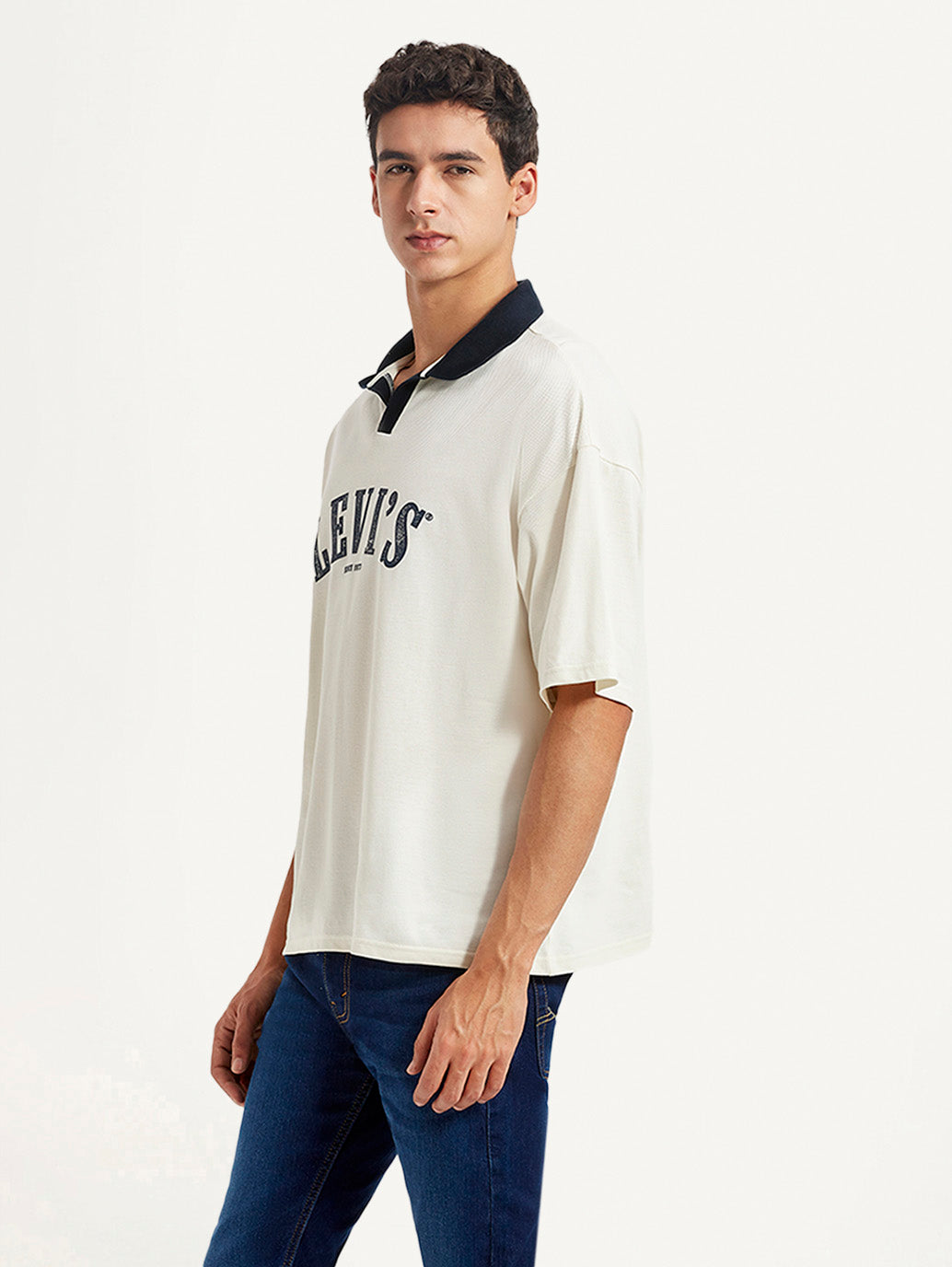 Men's Brand Logo Off-White Loose Fit Polo T-shirt - Side View