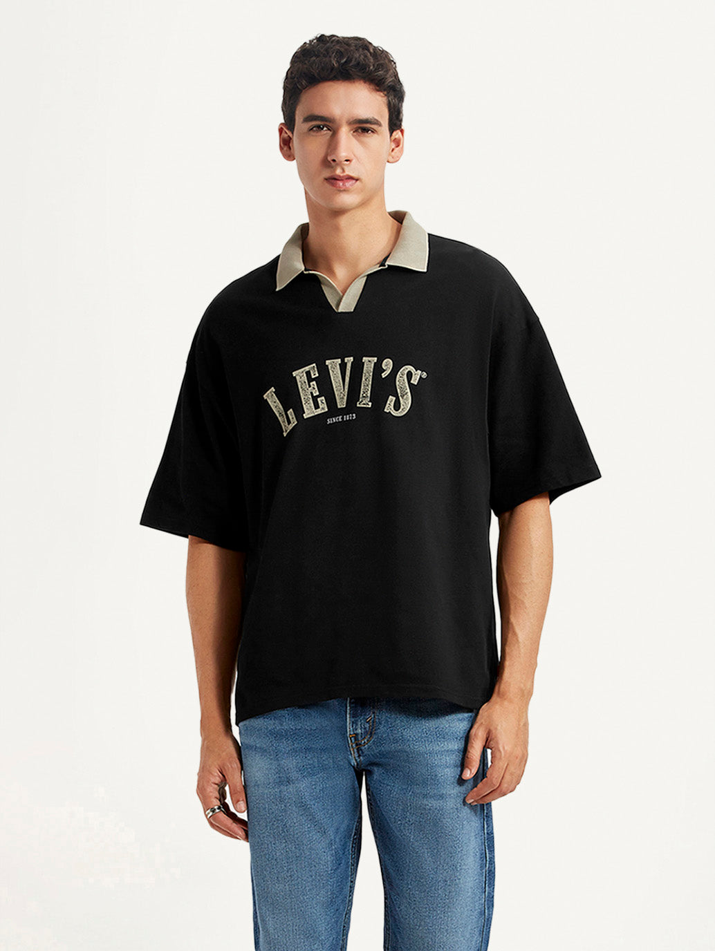 Men's Brand Logo Black Loose Fit Polo T-shirt