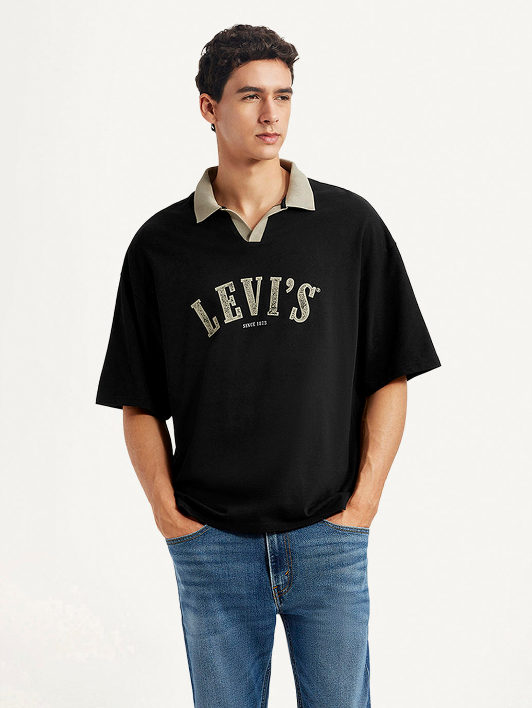 Men's Brand Logo Black Loose Fit Polo T-shirt - Front View