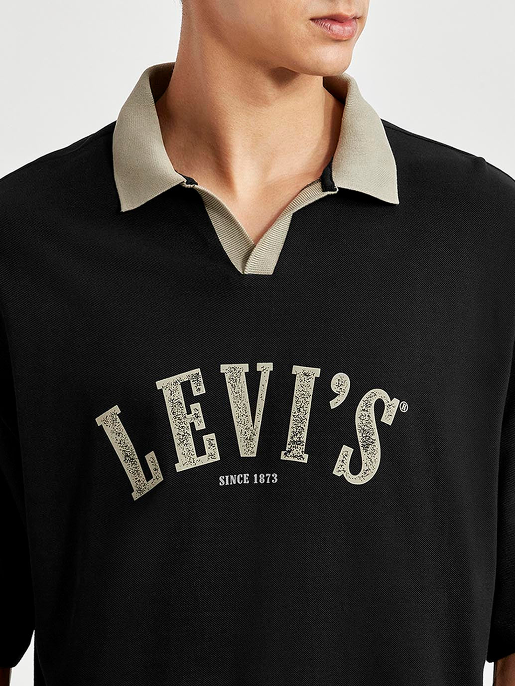 Men's Brand Logo Black Loose Fit Polo T-shirt - Detail View