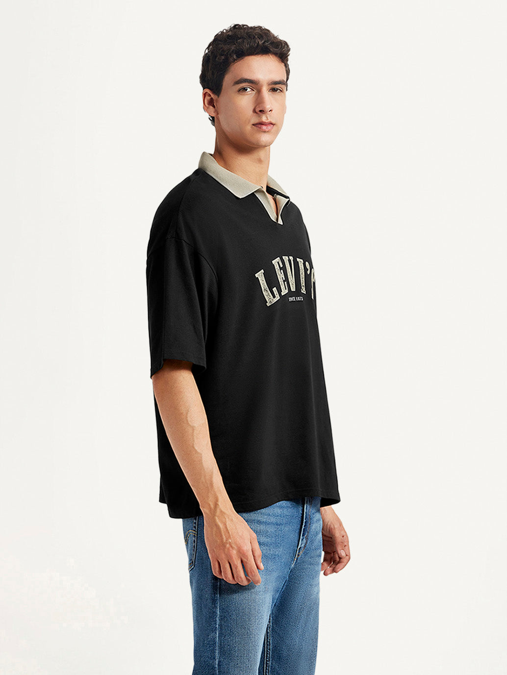 Men's Brand Logo Black Loose Fit Polo T-shirt - Side View