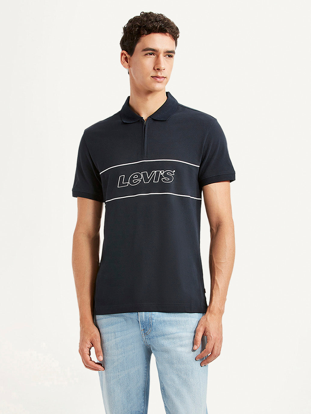 Men's Brand Logo Navy Slim Fit Polo T-shirt - Front View