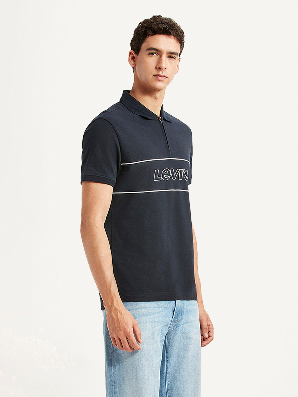 Men's Brand Logo Navy Slim Fit Polo T-shirt - Side View