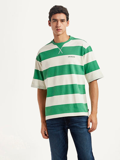 Men's Striped Green Loose Fit T-shirt-image-47