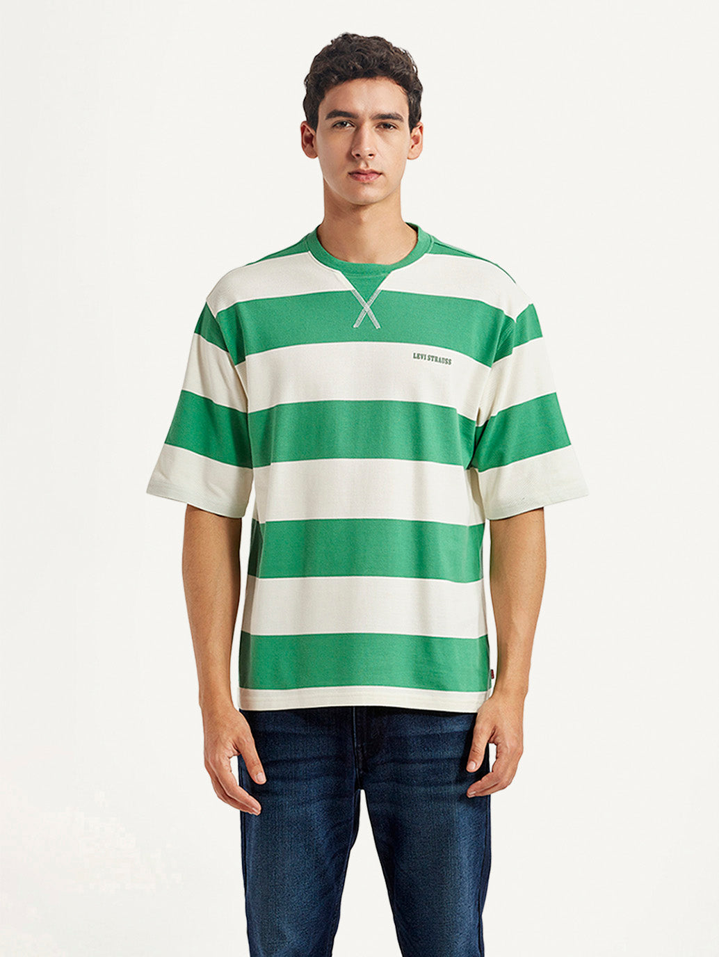 Men's Striped Green Loose Fit T-shirt - Front View