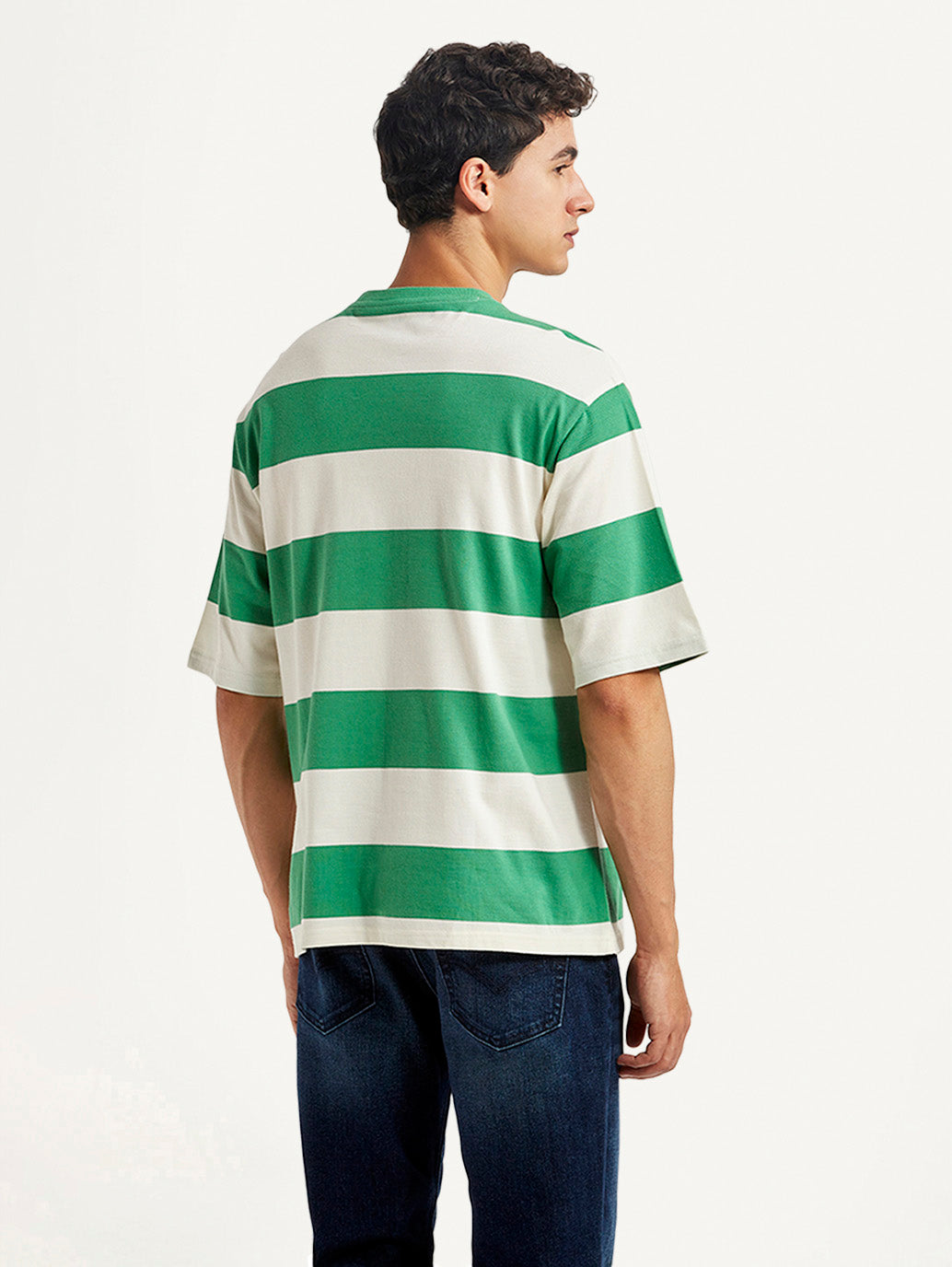 Men's Striped Green Loose Fit T-shirt - Back View