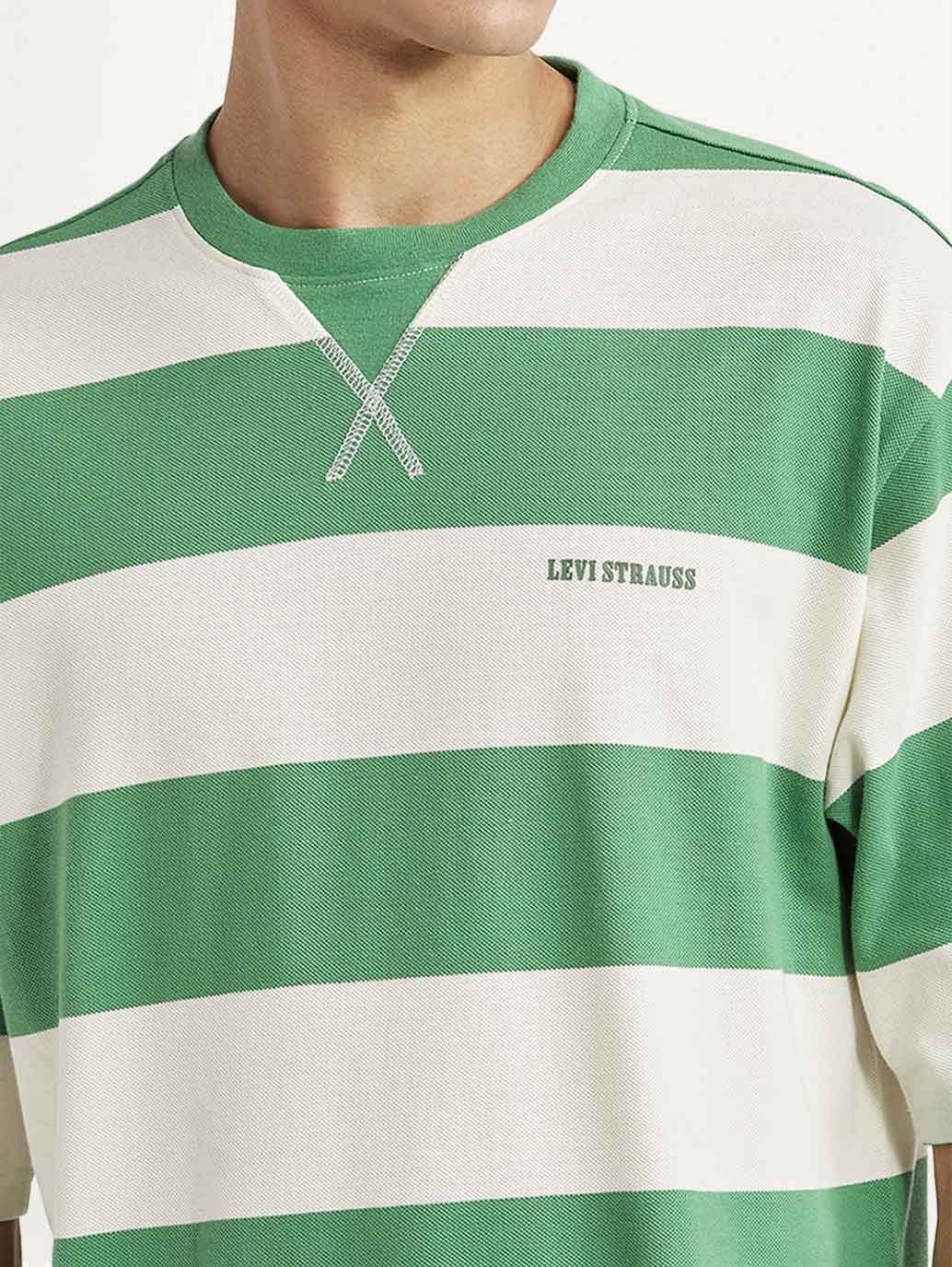 Men's Striped Green Loose Fit T-shirt - Detail View