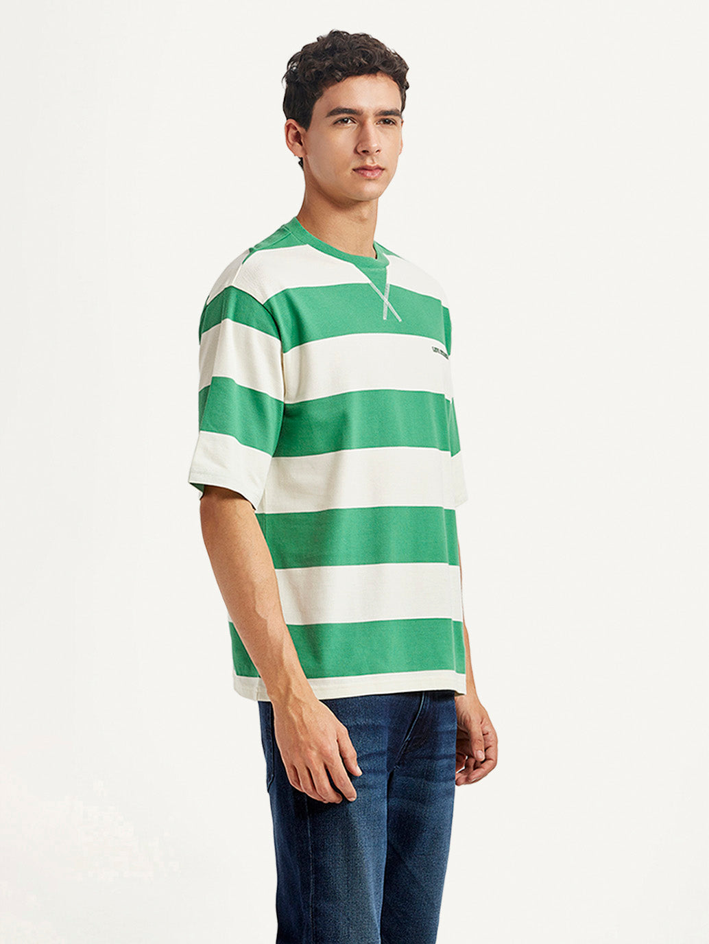 Men's Striped Green Loose Fit T-shirt - Side View