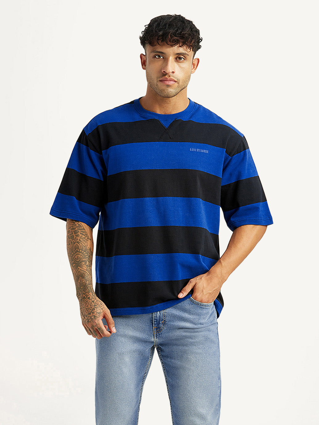 Men's Striped Blue Loose Fit T-shirt - Styleshot View
