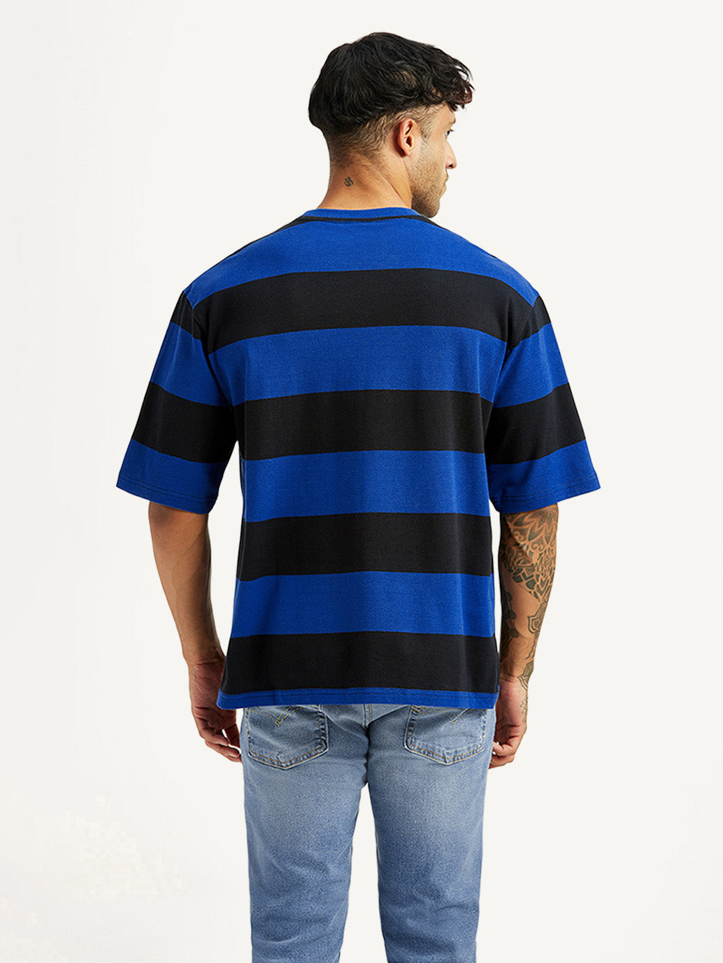 Men's Striped Blue Loose Fit T-shirt - Back View