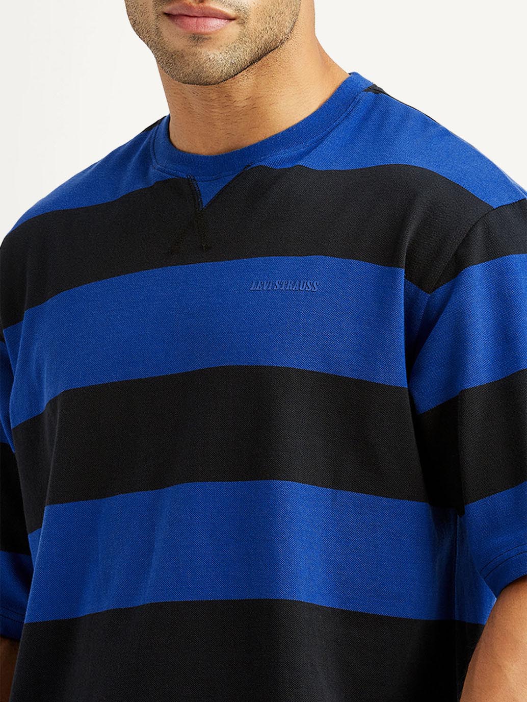 Men's Striped Blue Loose Fit T-shirt - Detail View