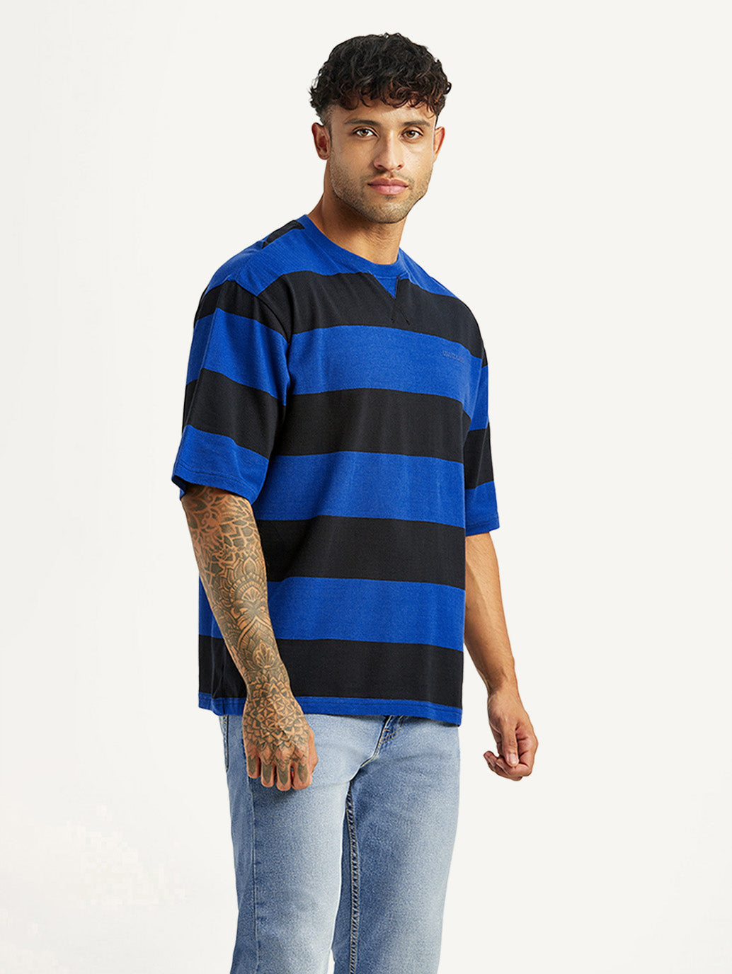 Men's Striped Blue Loose Fit T-shirt - Side View