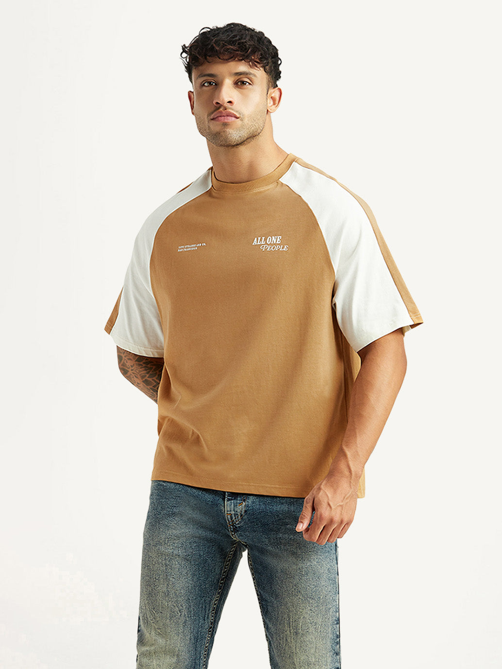 Men's Colorblock Tan Loose Fit T-shirt