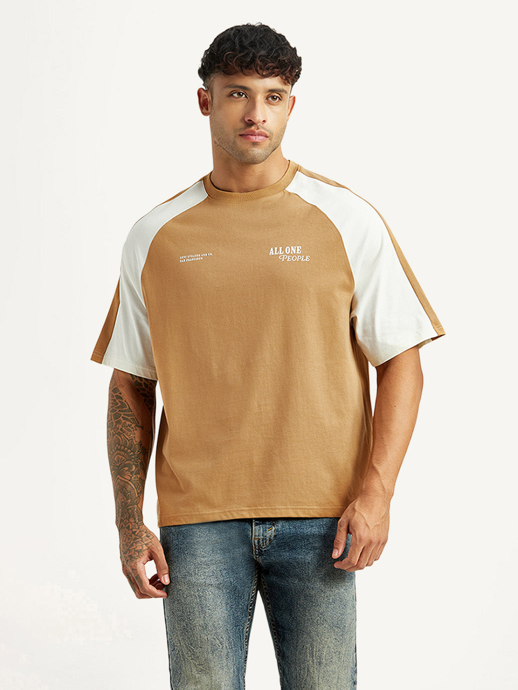Men's Colorblock Tan Loose Fit T-shirt - Front View