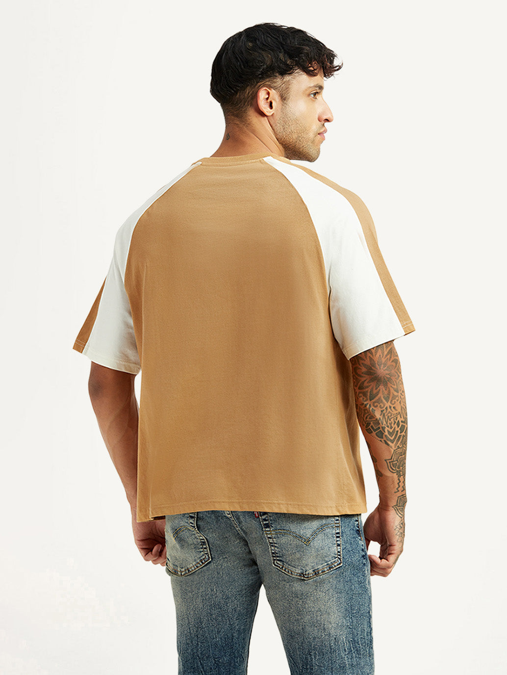 Men's Colorblock Tan Loose Fit T-shirt - Back View