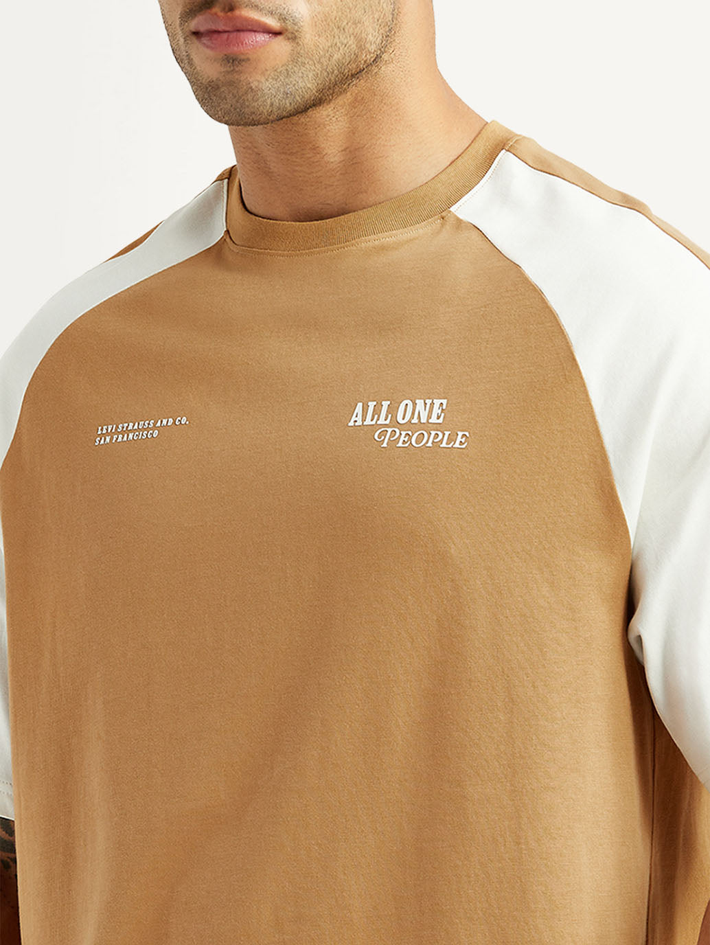 Men's Colorblock Tan Loose Fit T-shirt - Detail View