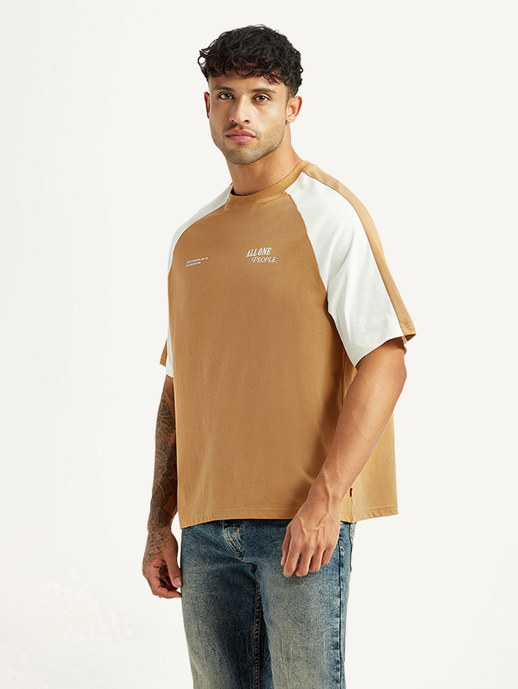 Men's Colorblock Tan Loose Fit T-shirt - Side View