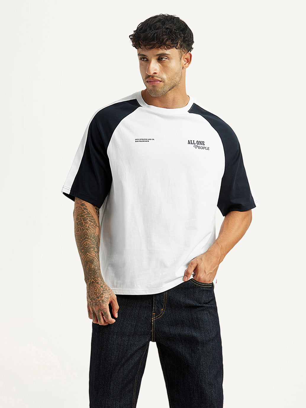 Men's Colorblock White Loose Fit T-shirt